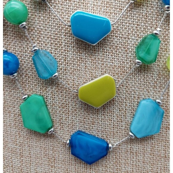 Cute & Colorful Multi Strand Silver Tone Statement Necklace Blue & Green Beads - Picture 5 of 9